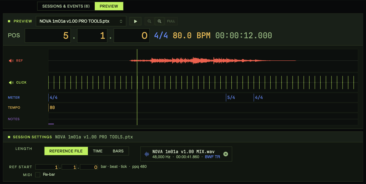 Tempo / MIDI Events: tempo and meter changes read from a Pro Tools session — 80 BPM with a 4/4 to 5/4 meter shift — previewed as a click track against the reference mix